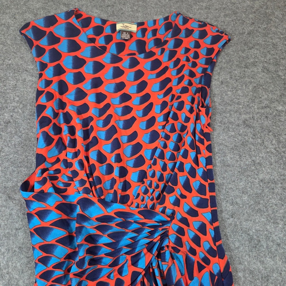 Issa London Dress US 4 Blue Orange Geometric Side Knot Ruched Midi Stretch